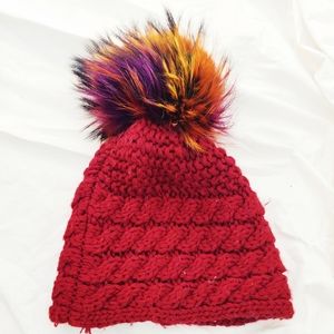 Red Knit Fur Multicolored Pompom Hat